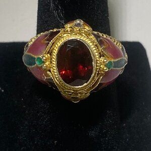 Barbara Garwood Garnet  Ring Collectable Mongolian Art 14K over Silver